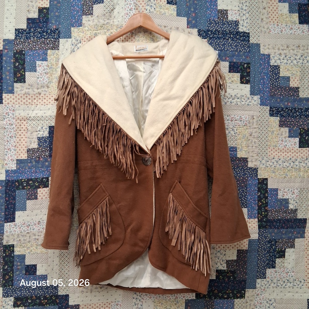 Vintage 80s Lorovi Womens Large Western Fringe Wool Coat Brown Cream Cowgirl USA